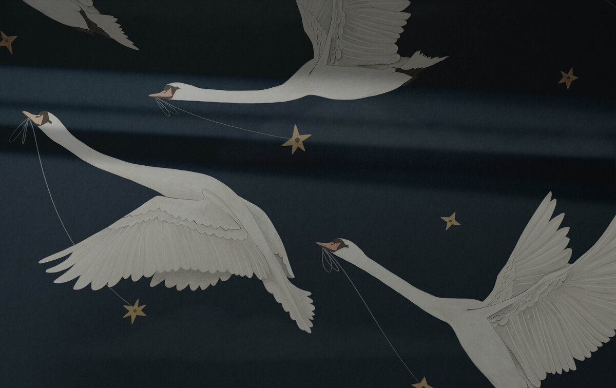 Dark blue colourful wallpaper with flying swans and stars