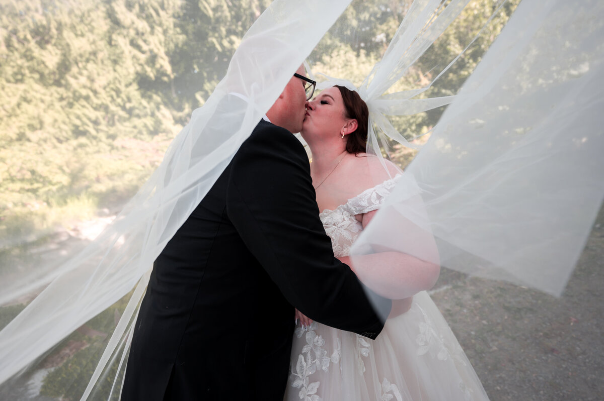 couple kiss under the viel on their wedding day