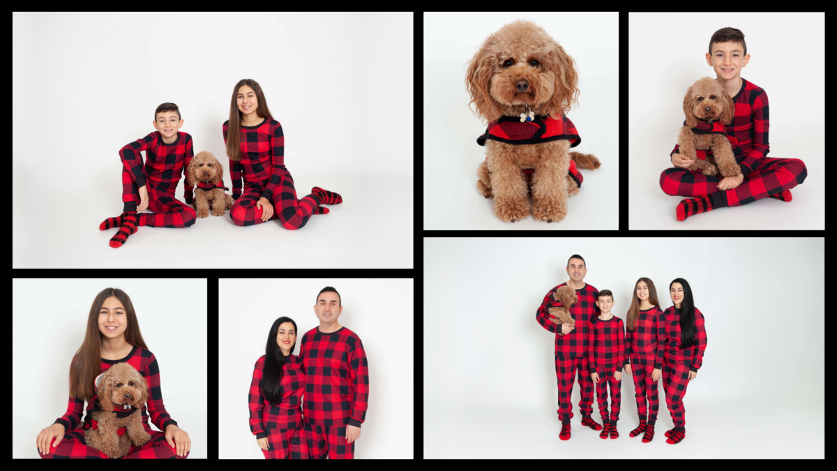Collage of images of family in matching red and black pjs for holiday session with dog