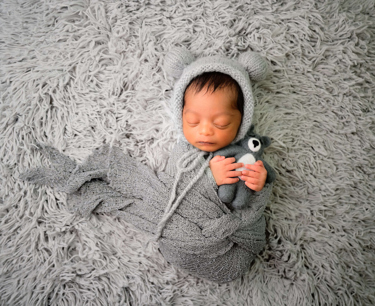 E. Benecki Photography captures this baby boy in a grey bear hat wrapped in a grey cloth holding his gray teddy bear.