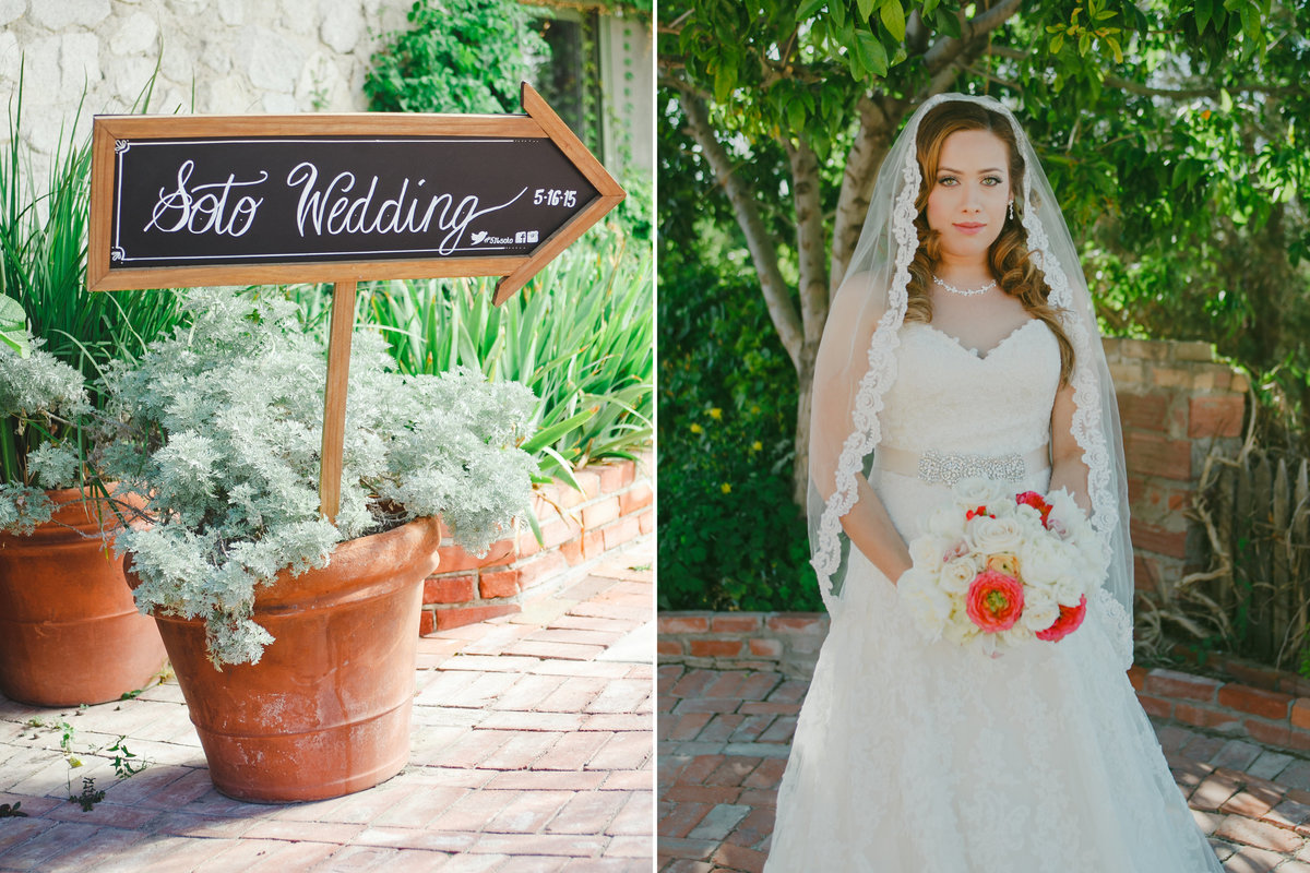 Outdoor portrait of OR bride in cathedral length veil and wedding signage  | Susie Moreno Photography