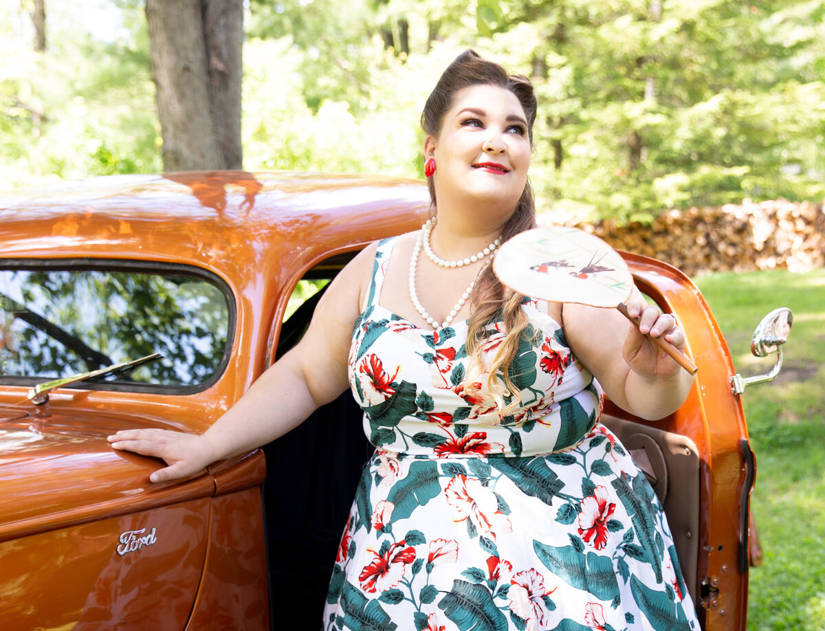goddess studio boudoir woman vintage fan old ford pickup red green dress pinup style