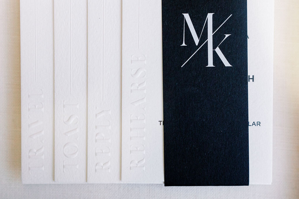 A close-up of a black and white wedding invitation set with embossed details and elegant typography.