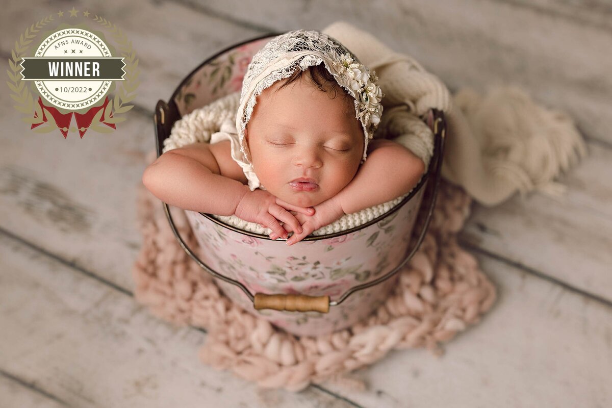 Newborn Photographer, a baby sleeps in a small pail - with AFNS Award 2022 badge