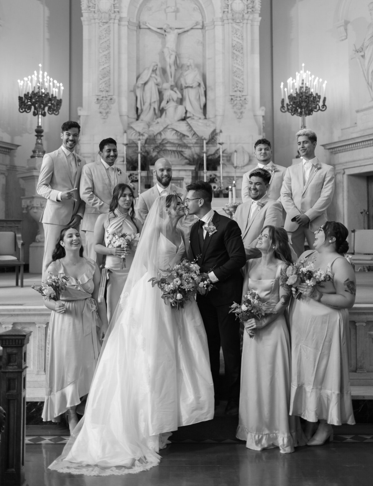 a wedding party portrait at the altar of St. Peter and Paul cathedral, Detroit