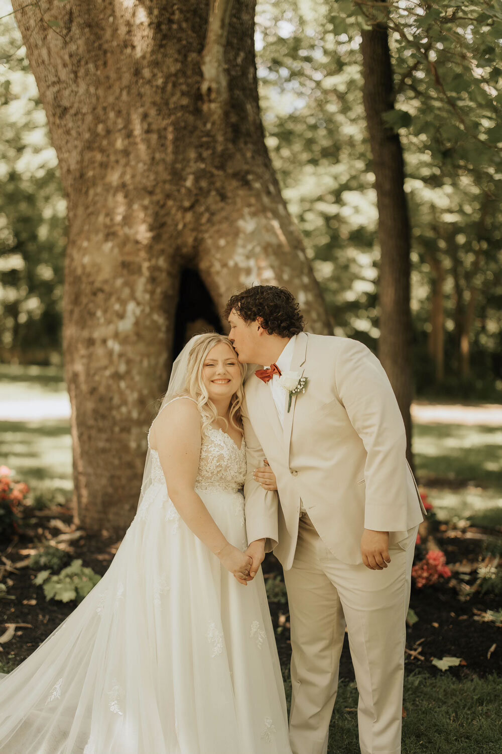 Groom kissing his bride's forehead in front of sycamore tree