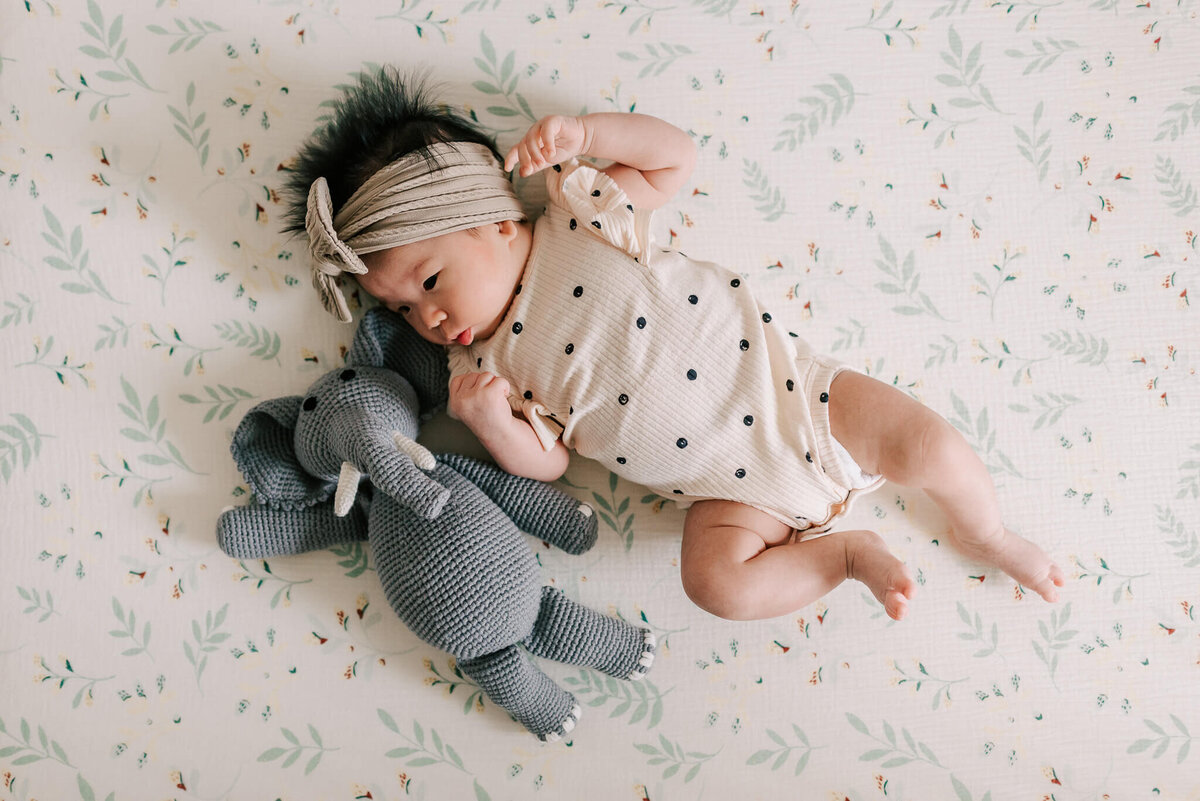 A newborn wearing a polka dot onesie and big bowtie laying next to a bebemoss crochet grey elephant