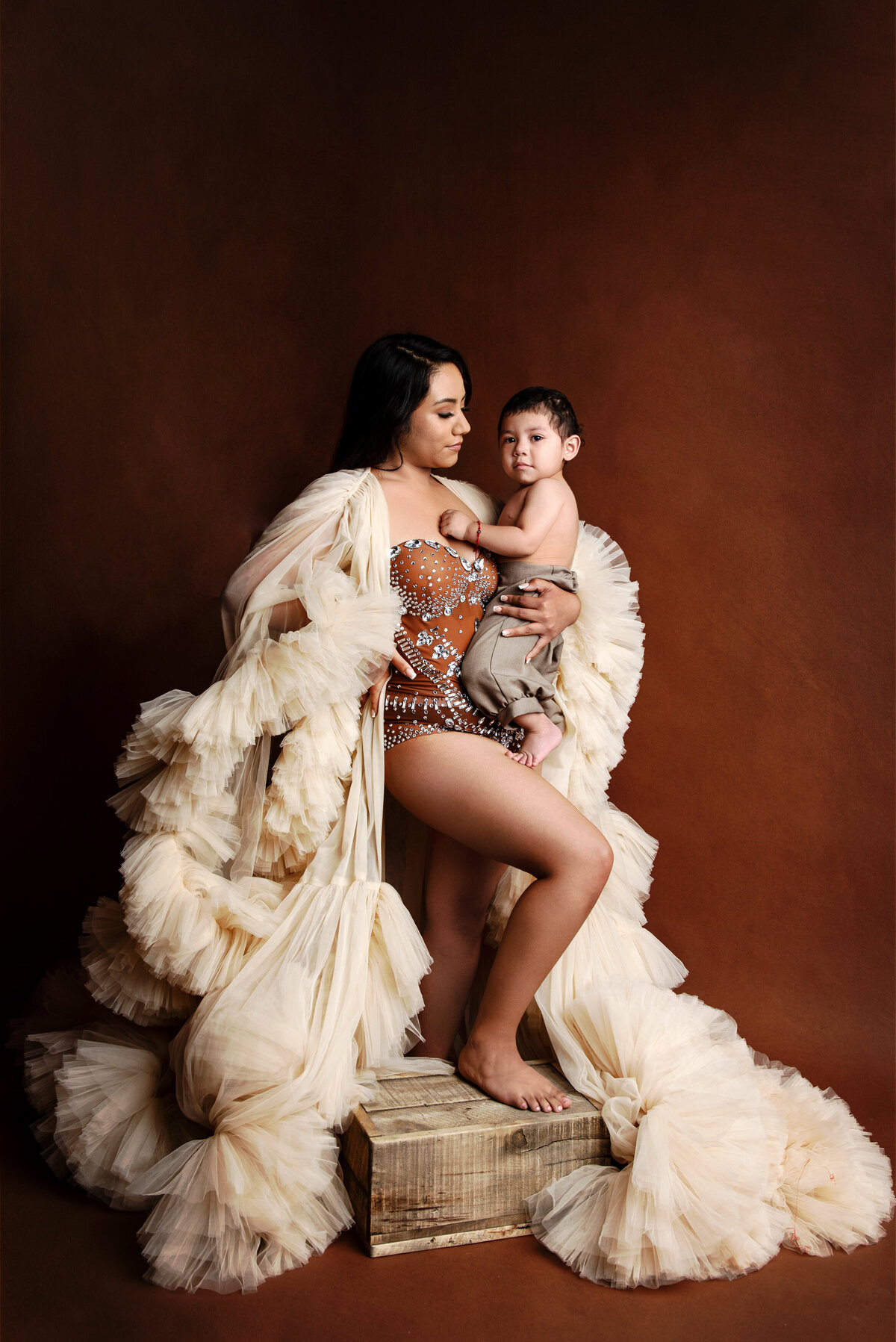 st-louis-family-photographer-mom-in-large-tulle-robe-holding-toddler-son-on-brown-background