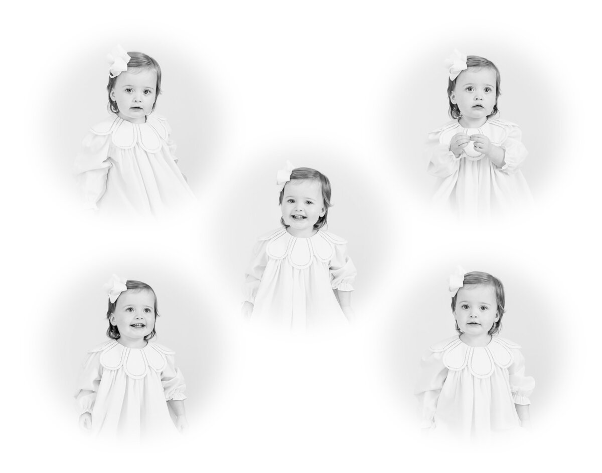 Five heirloom-style portraits of a young girl wearing a dress with bows in her hair.
