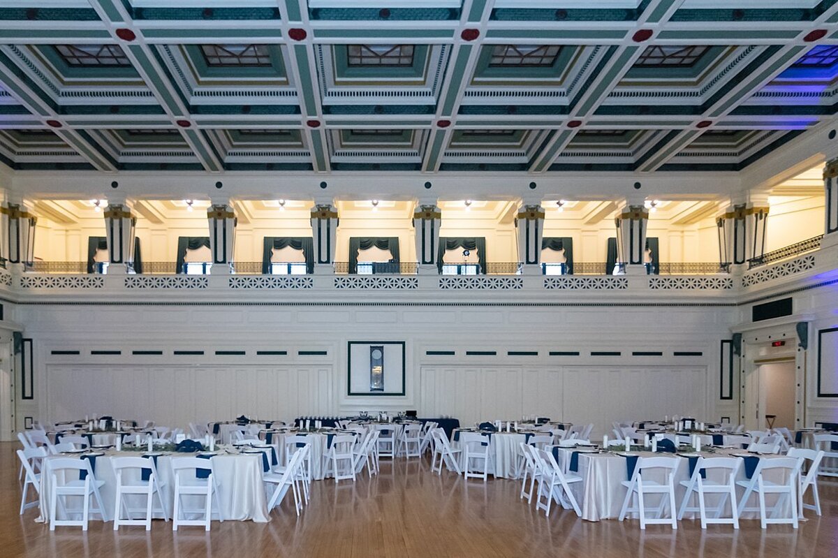 Soldiers and Sailors Memorial Hall set up for a blue and white wedding