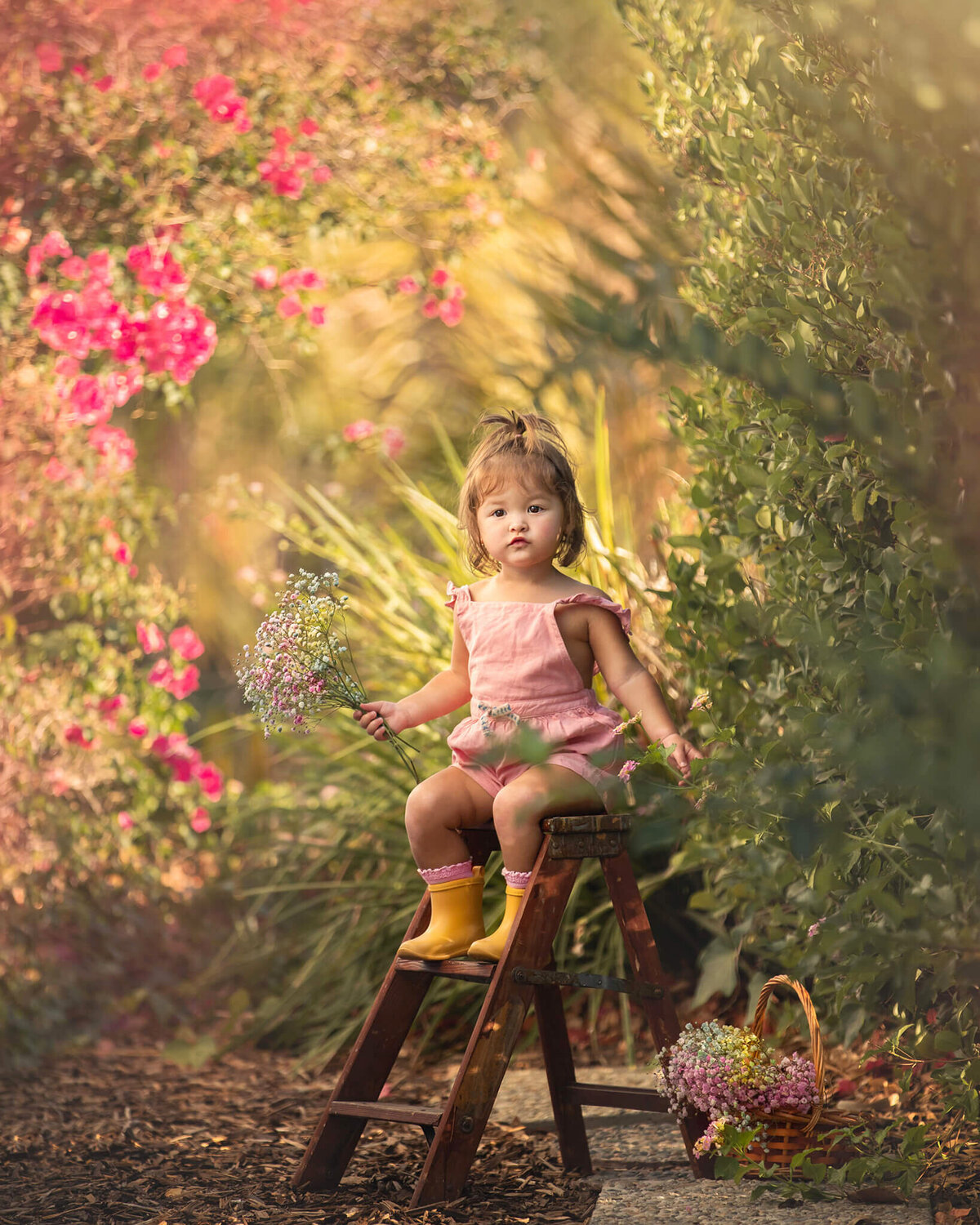 Little girl sitting on a ladder wearing a pink romper in Woodland Hills - Los Angeles Children’s Photographer