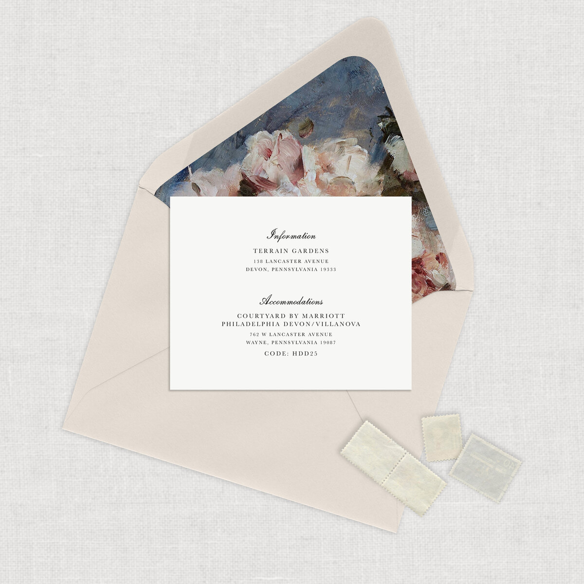 Traditional vintage 1950 wedding invite suite detail card with taupe mailing envelope printed guest address.