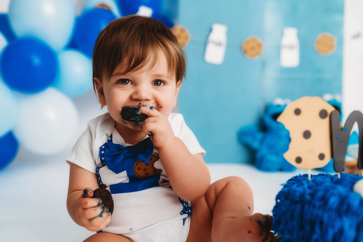 Baby celebrates his first birthday with a Cake Smash Photoshoot at Asheville Portrait Company.