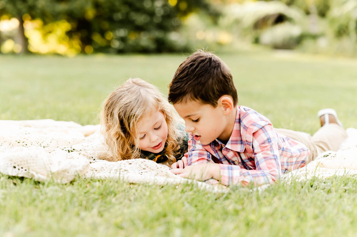 Young brothers playing in the grass near Japanese Tea Garden in Geneva, IL.