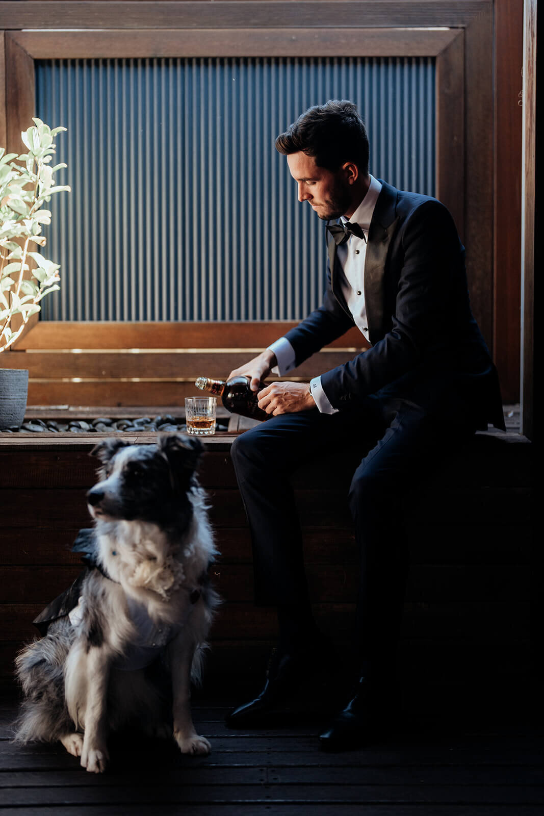 Groom pouring a drink with Dog in forground