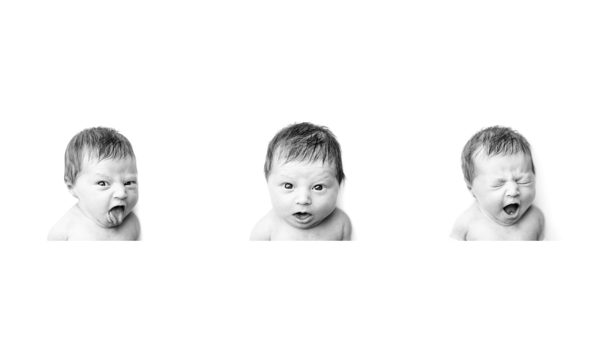 Three black-and-white images capturing playful newborn expressions, showcasing personality portraits by Honeywild Photography in Grand Rapids, MI.