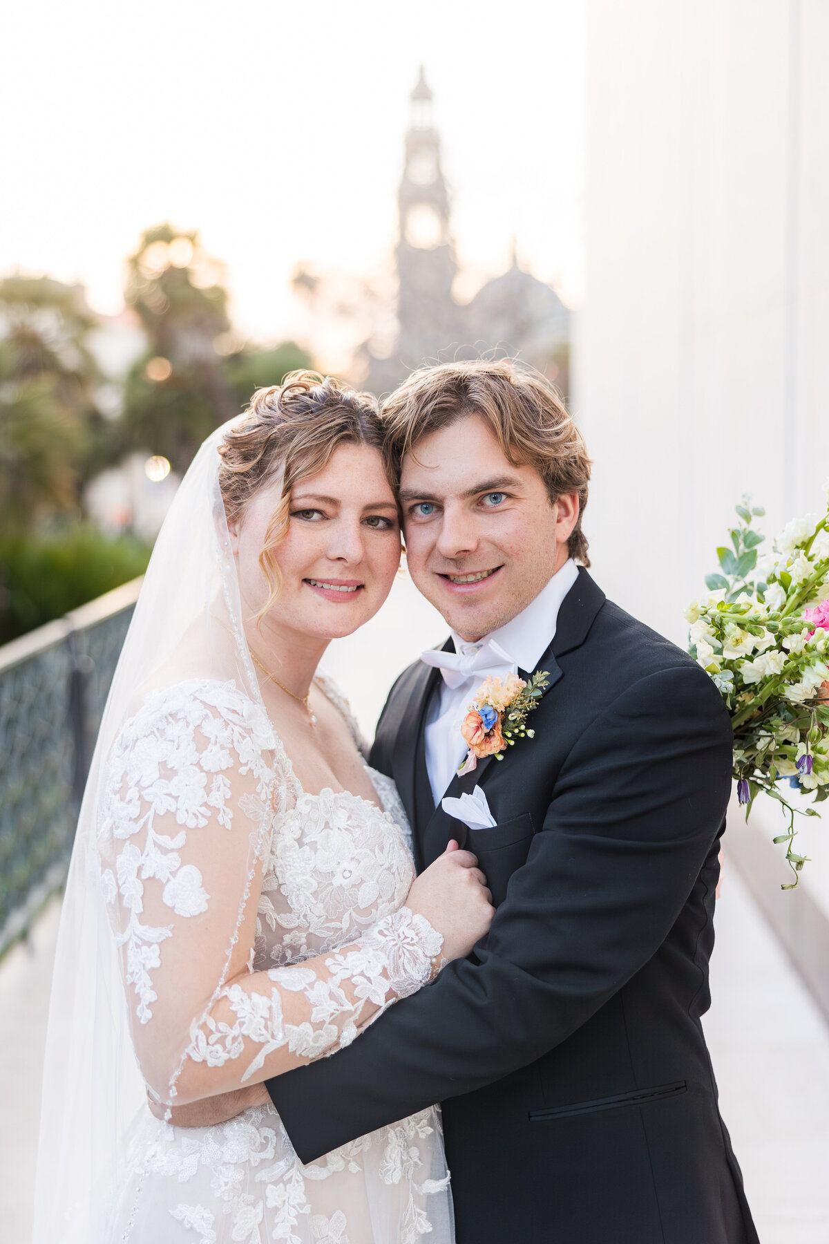 Balboa-park-wedding-bride-and-groom-belltower