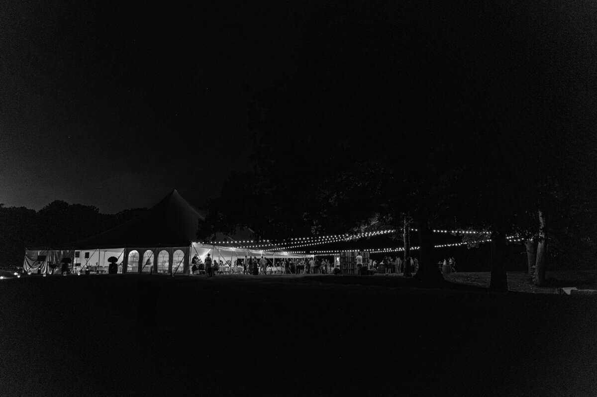 Nighttime black and white wedding venue photo