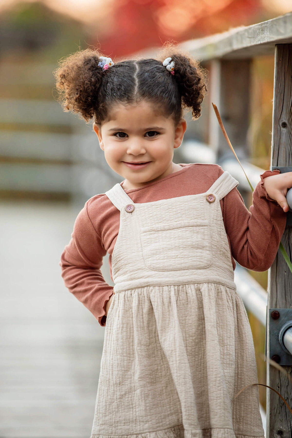 Little girl with her hand on her hip standing on a bridge for her fall family photos