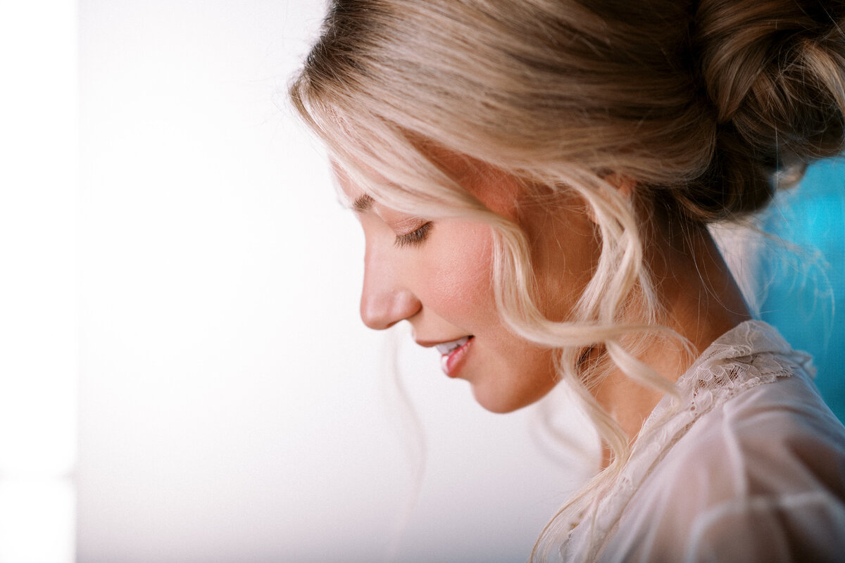 headshot of bride getting ready