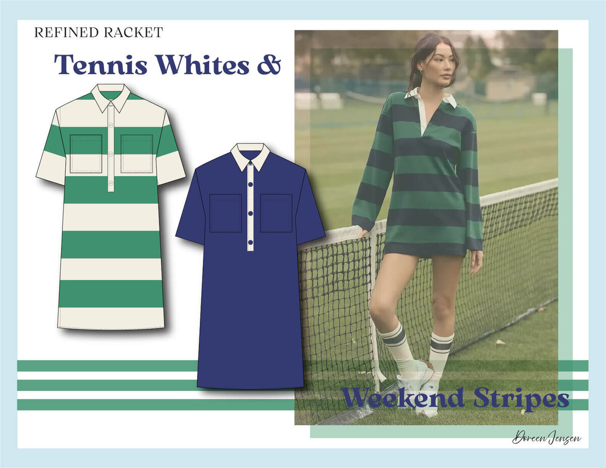 Polo dress and striped rugby top outfit designs by Doreen Apparel, part of the Refined Racket collection inspired by vintage tennis style and sporty leisurewear.