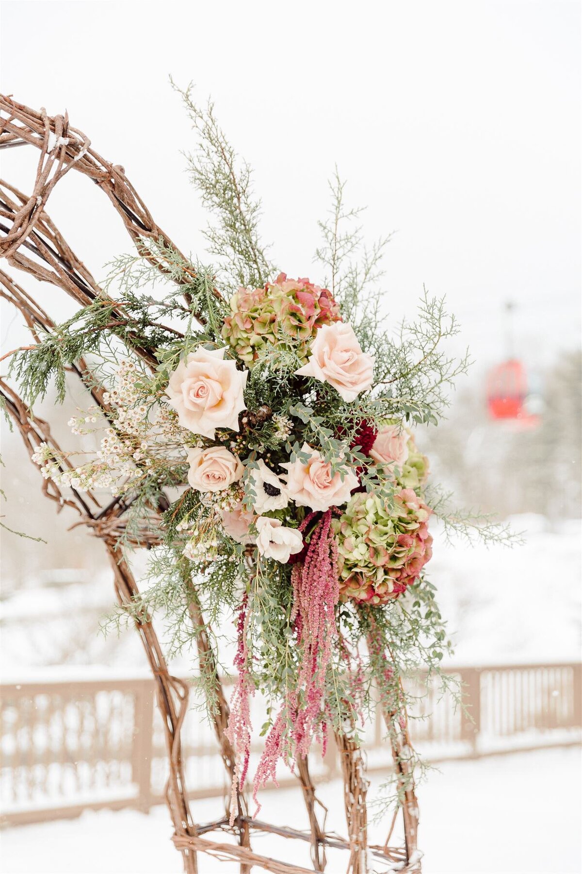 An image of the floral details from a winter wedding at the Lodge at Spruce Peak in Stowe, Vermont