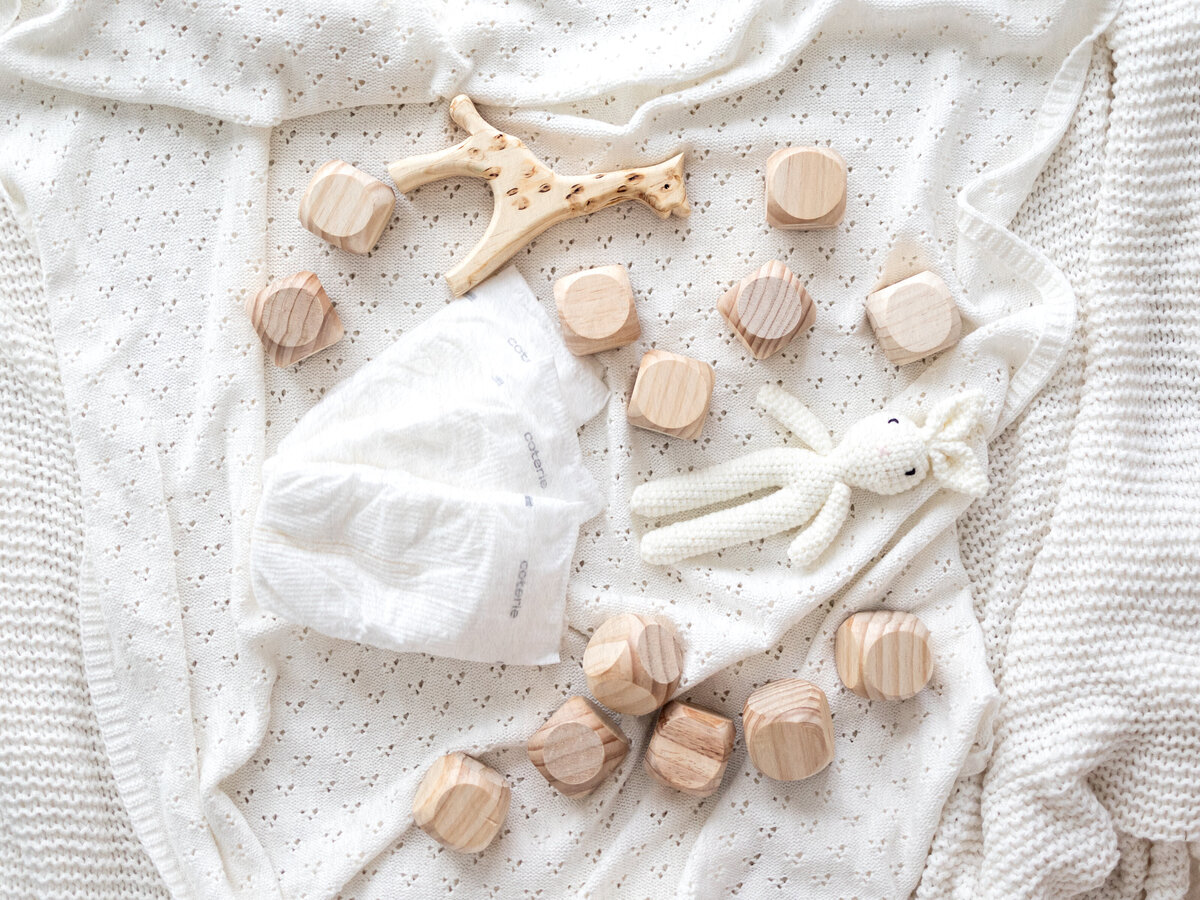 Blanket, wooden toys, and other delicate details captured by Ashtyn Kohler Photography. Ashtyn specializes in newborn and family photography in Olympia, Washington, and surrounding areas. Capture timeless, light, and airy portraits that beautifully preserve the fleeting moments of your baby's early years with a natural, heartfelt approach.