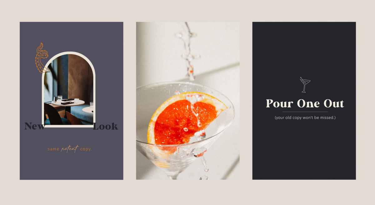 Three minimalist and playful social media graphics featuring cocktail imagery for the Mettle & Tonic brand