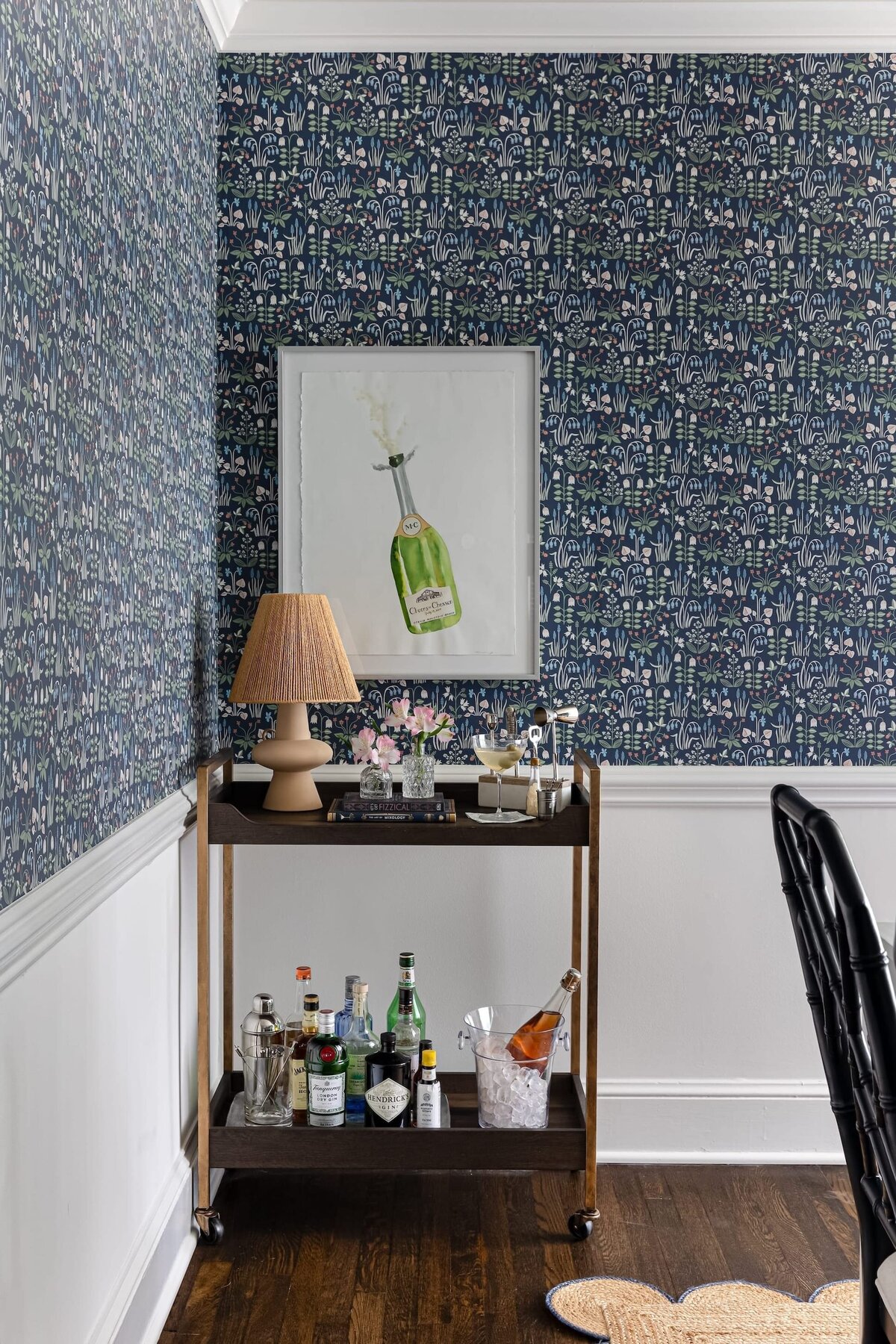 melinda chesson interiors chesson house bar cart floral wallpaper champagne art