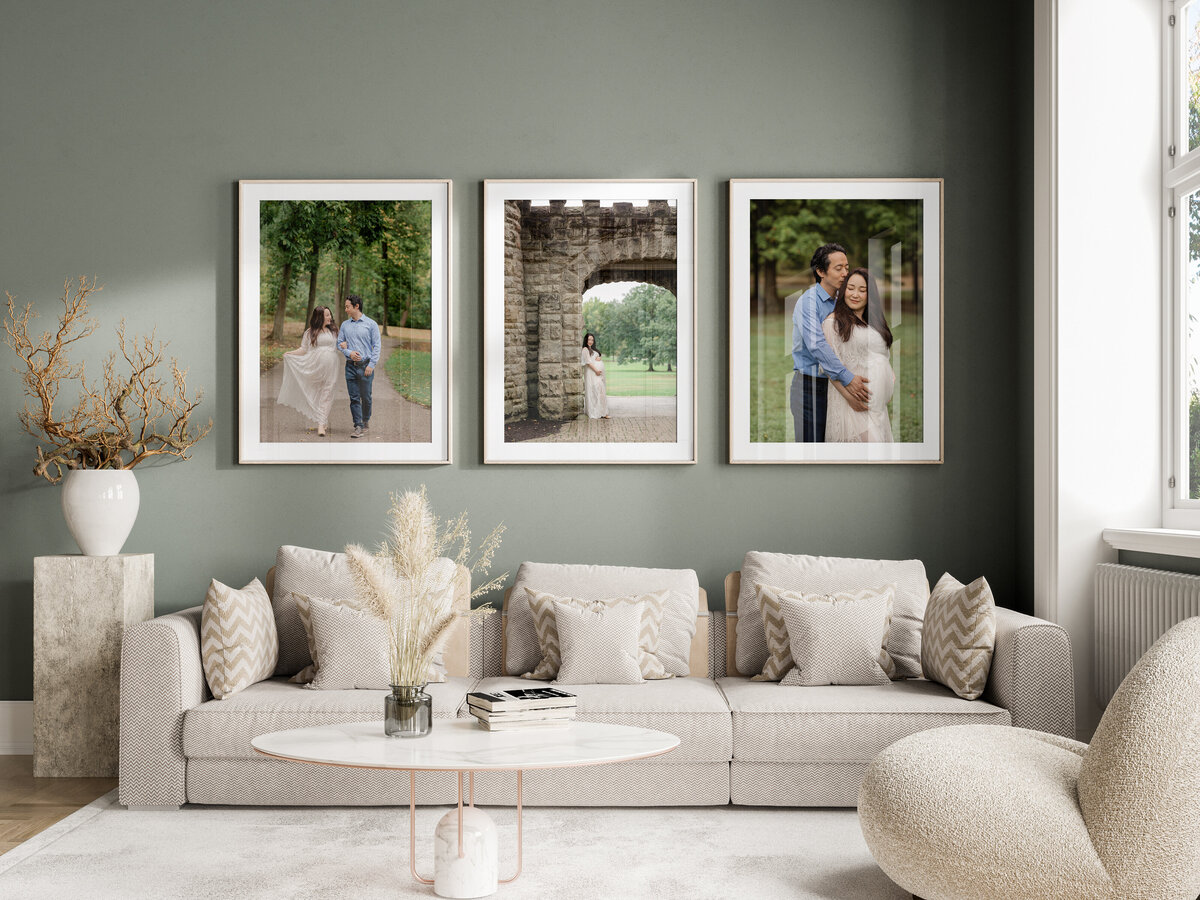 living room wall art collage of maternity photoshoot