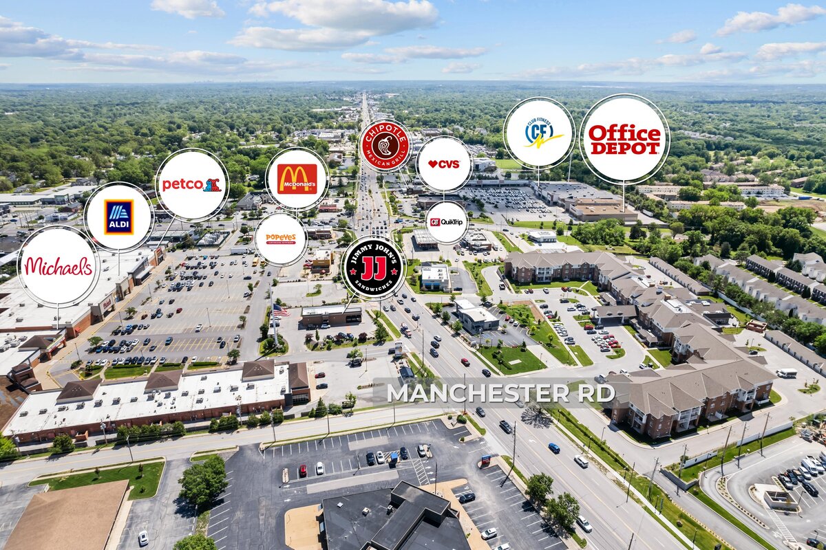 High aerial photograph for a commercial real estate listing with many nearby stores and restaurants labeled with their logos.