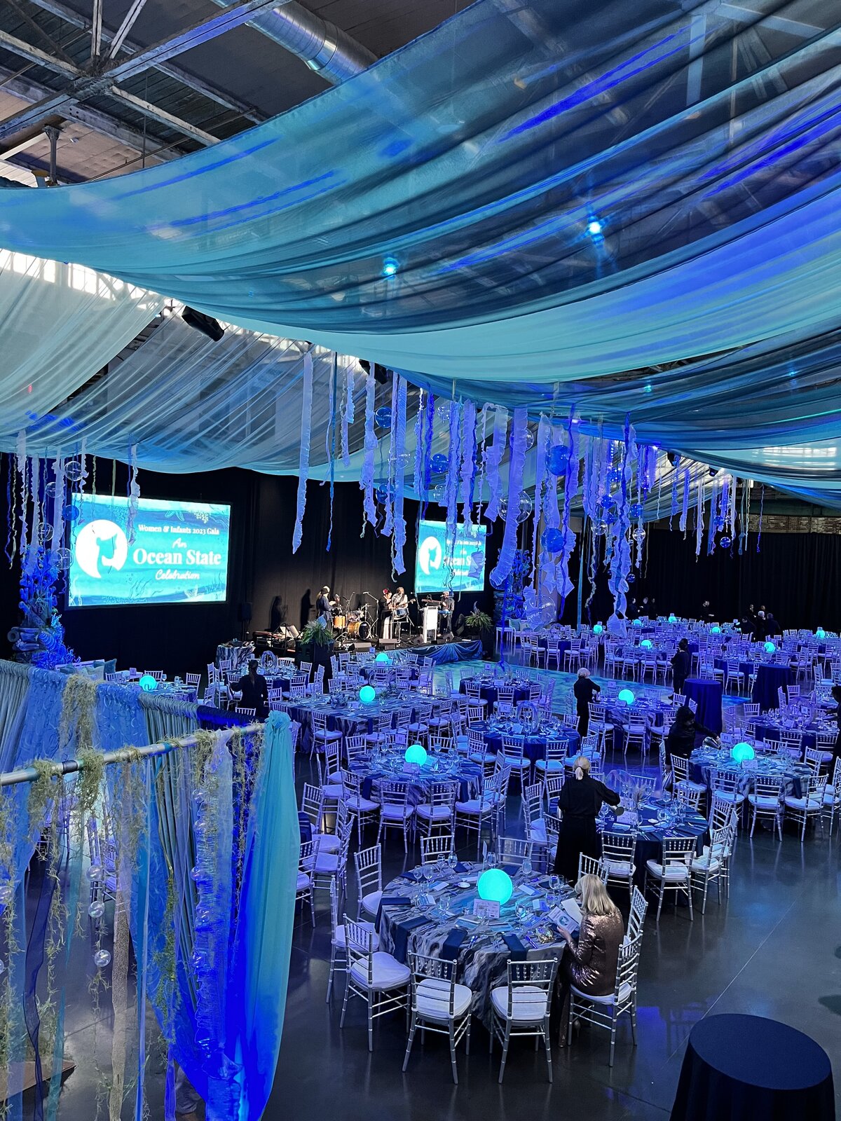 blue fabric swags under the sea