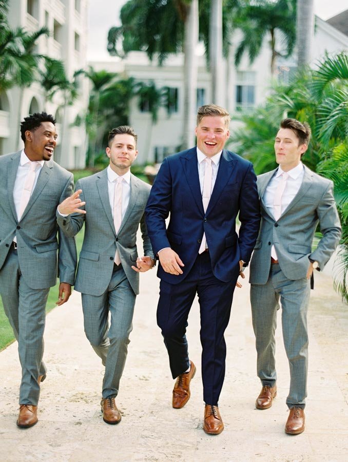 Groom and Groomsmen in Grey Suits for Tropical Wedding © Bonnie Sen Photography