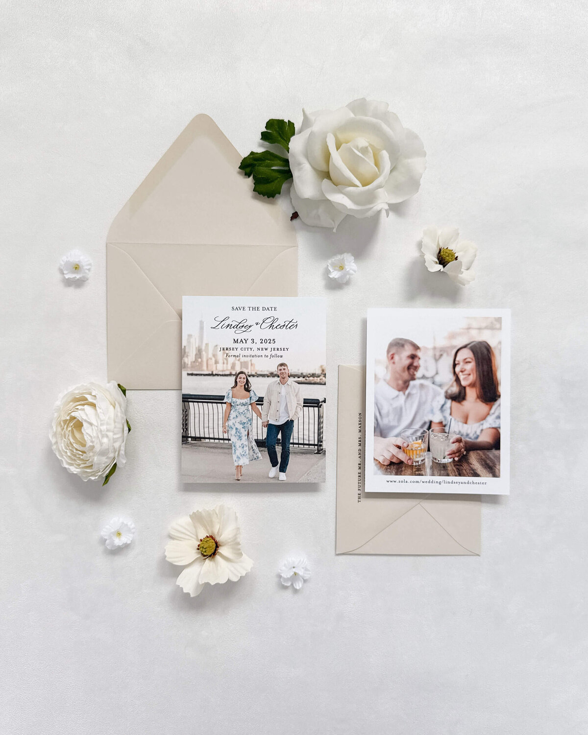 Custom photo save the date card with Lace and Belle calligraphy and taupe envelopes, Engagement photos by Lizzie Burger Photography