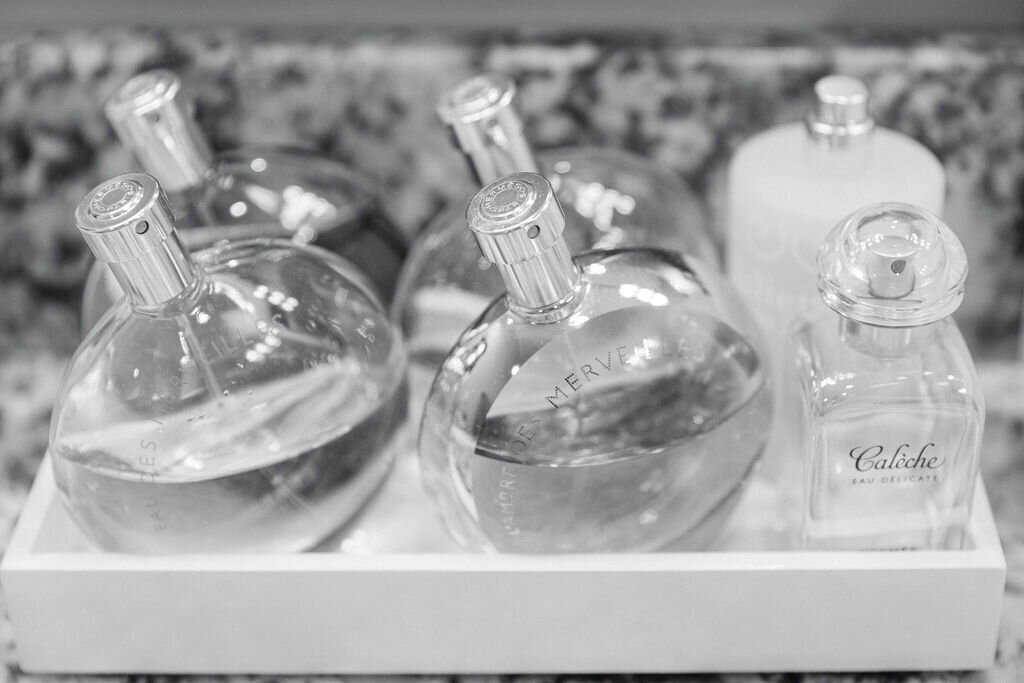 White tray from Container Store for perfume organizing