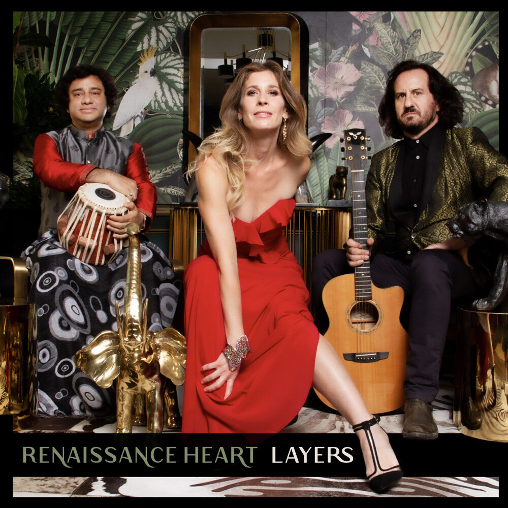 Album cover Layers Renaissance Heart sitting holding instruments large floral backdrop
