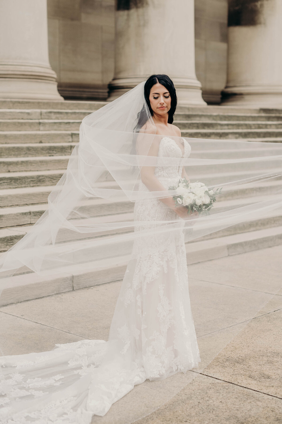 Bride’s veil gently blowing in the wind, with a soft and dreamy background | Pittsburgh Wedding Photography