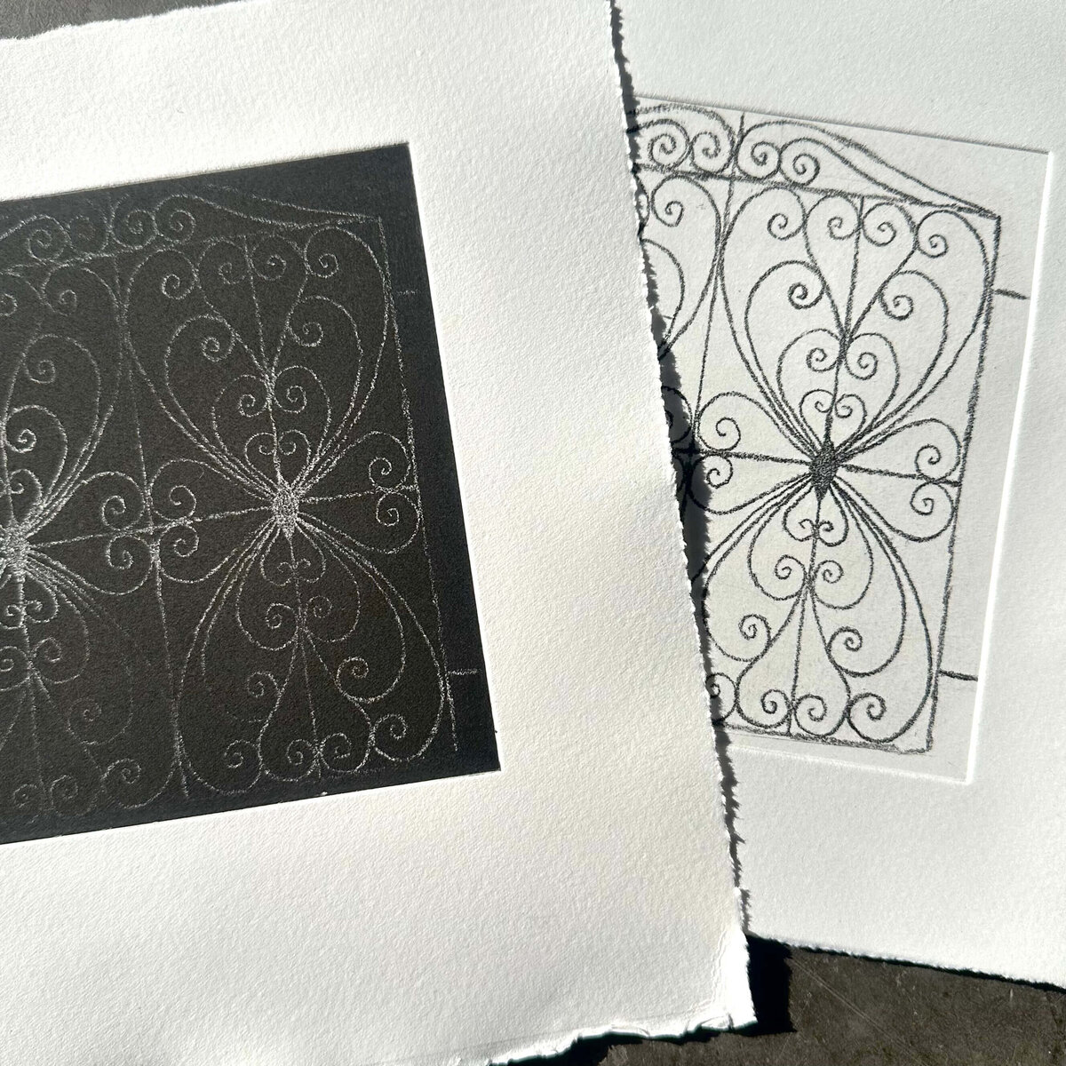 Two monoprints—one in black ink, one in white—showing the dramatic contrast of the line reversal etching process.