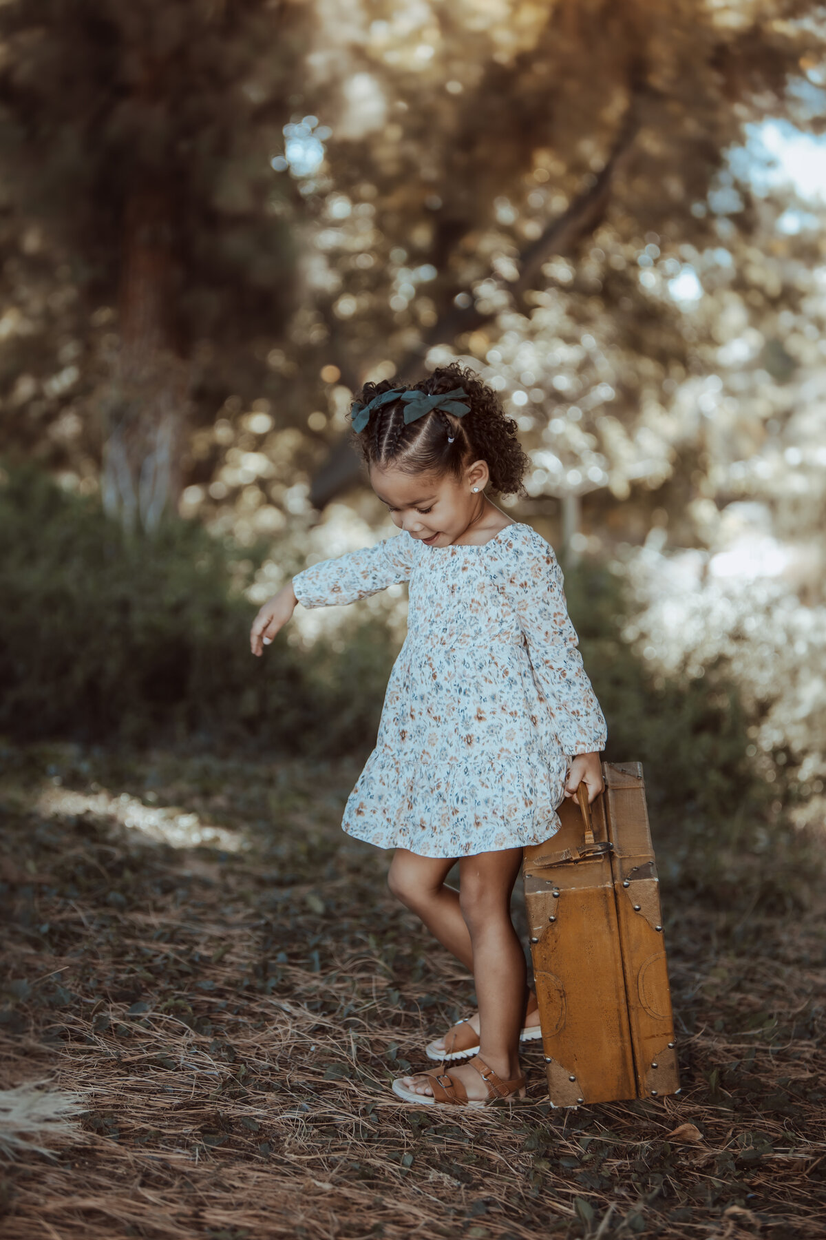 Little Girl Exploring Outdoors with Suitcase – Redlands Prospect Park Photography