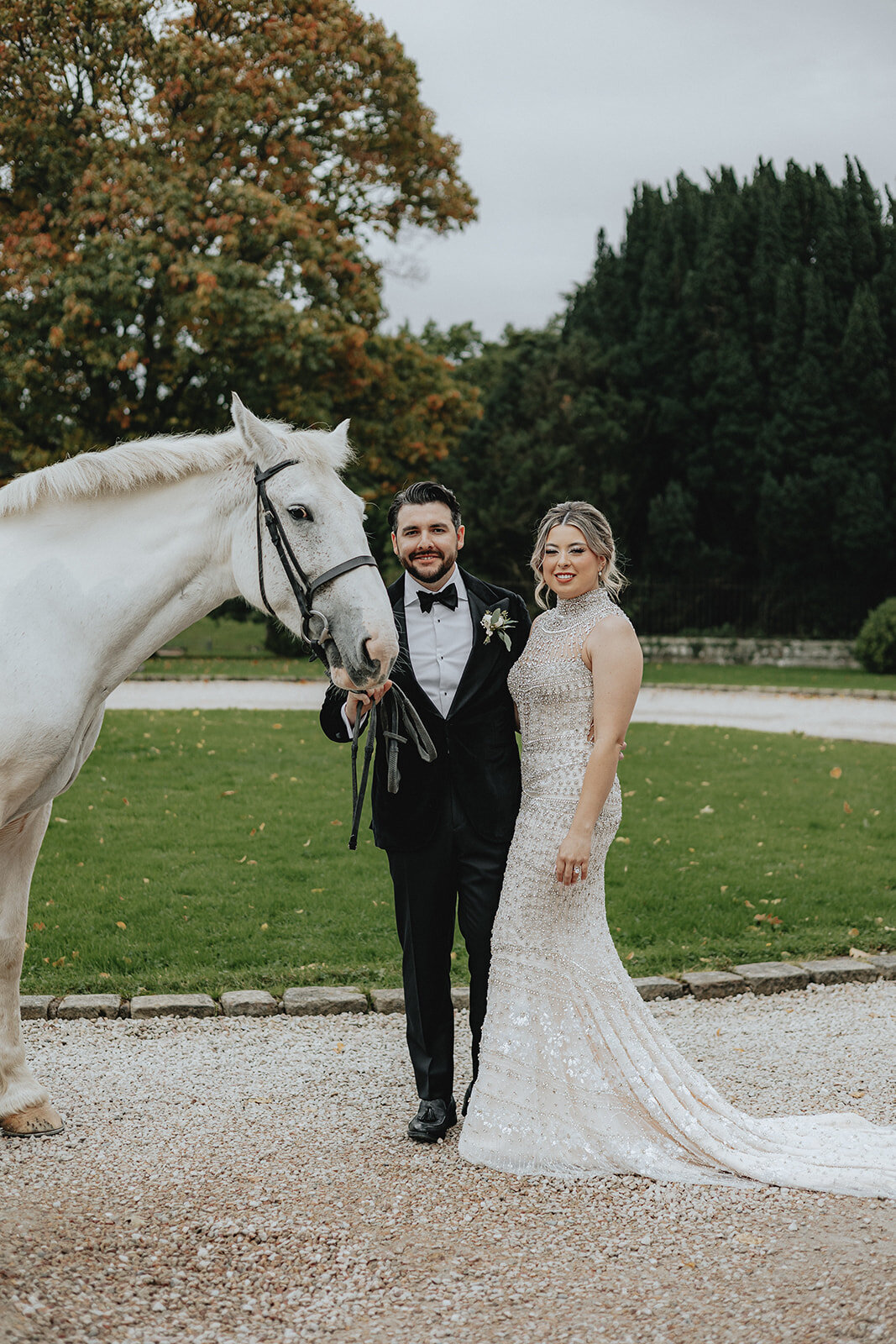 Bride and groom with white horse