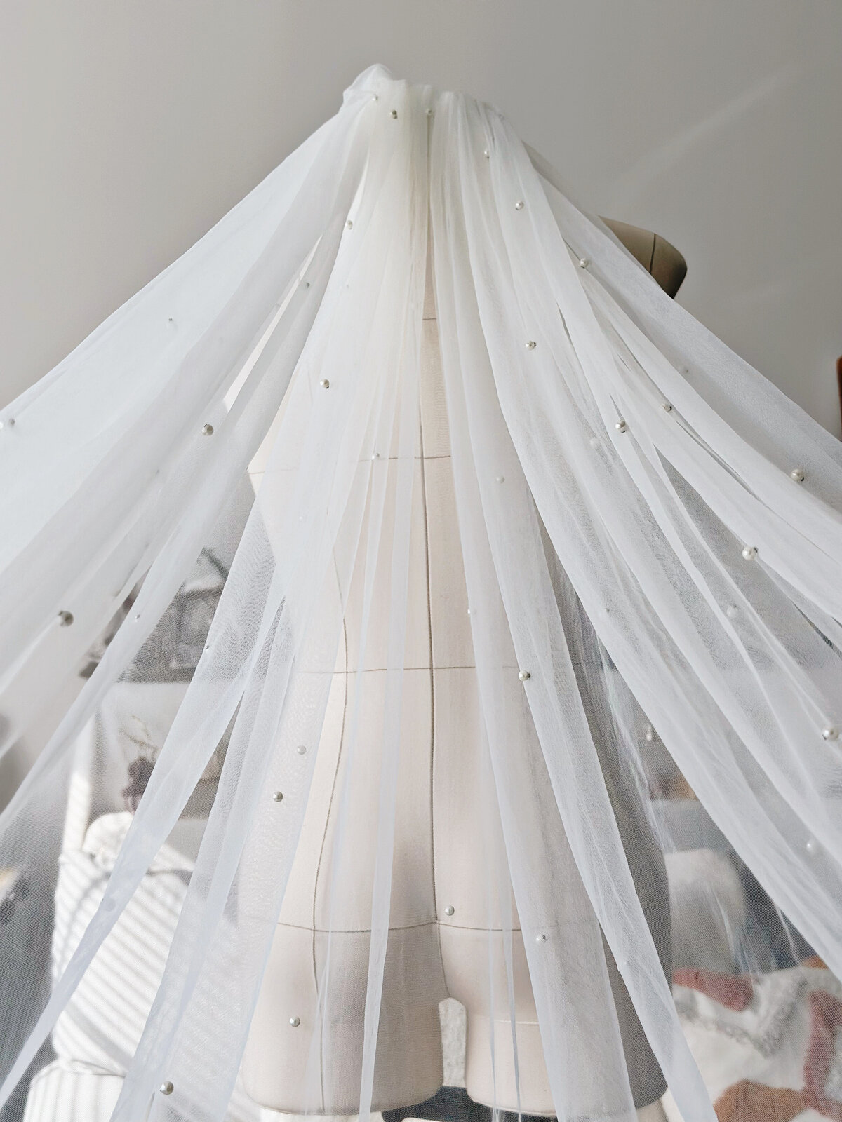 Bride in elegant single-layer veil adorned with crystal beads
