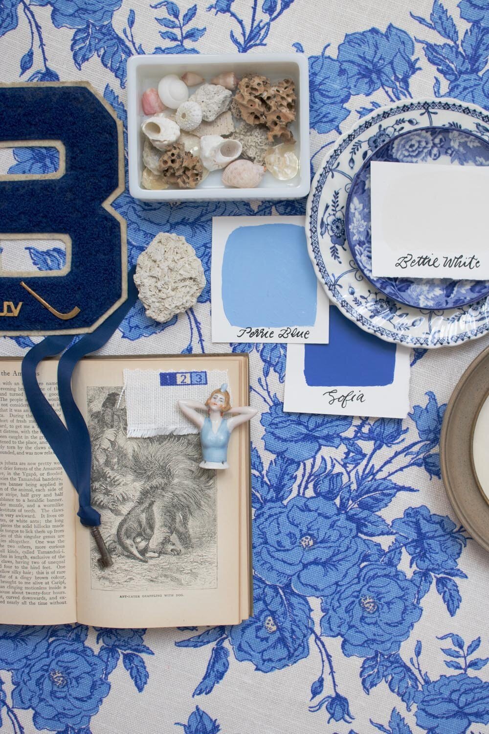 KK Harris Chantilly Minimalist Blue styled with paint chips and vintage ephemera