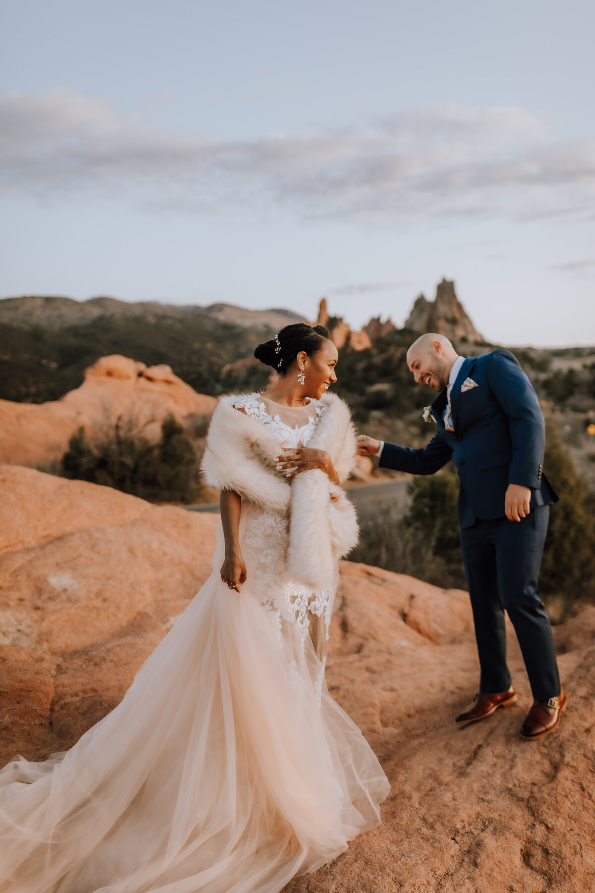 bride and groom at garden of the gods sunrise elopement