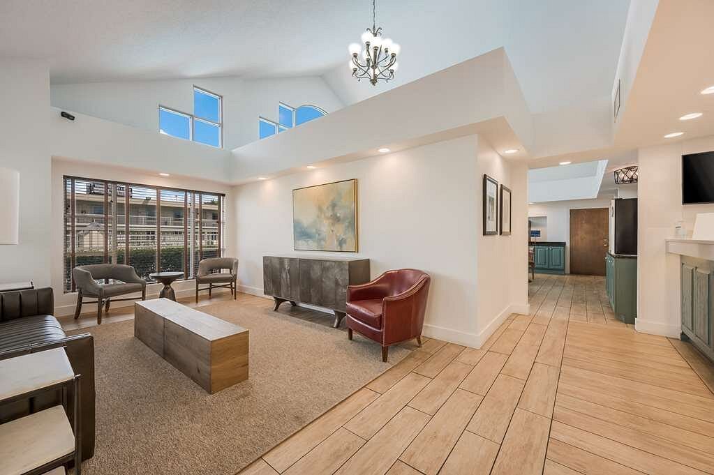 Modern hotel lobby with seating