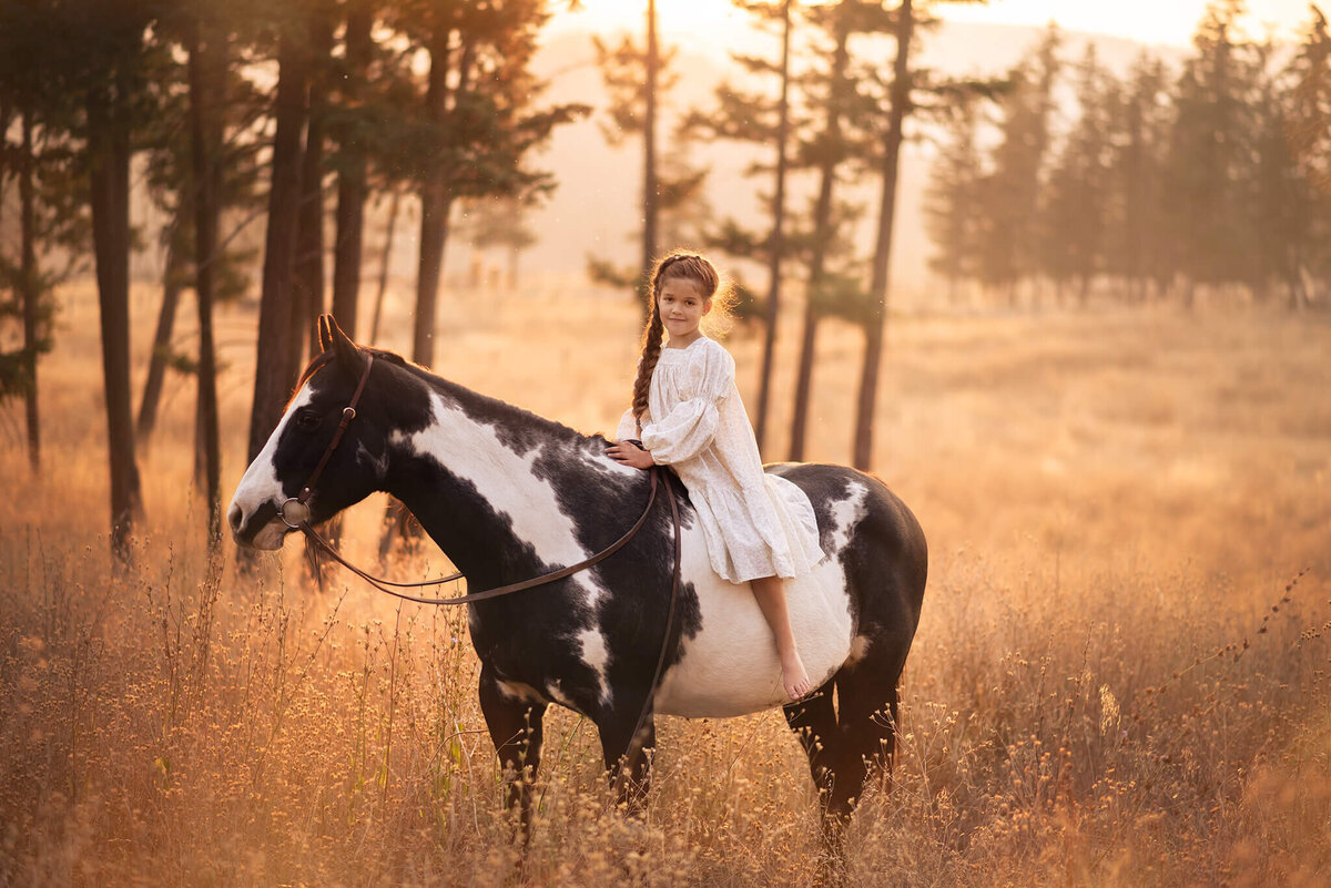 A little girl wearing a dress rides a horse bare back at golden hour in Kamloops. Stunning portrait by Brittany Danielle