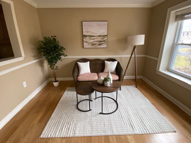 Couch with coffee table, plant, and lamp