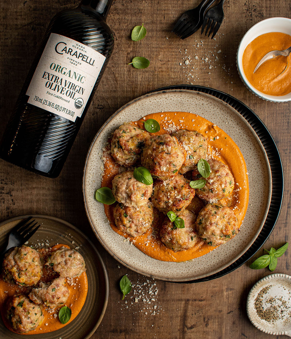 carapelli partnership featuring meatballs with romesco sauce