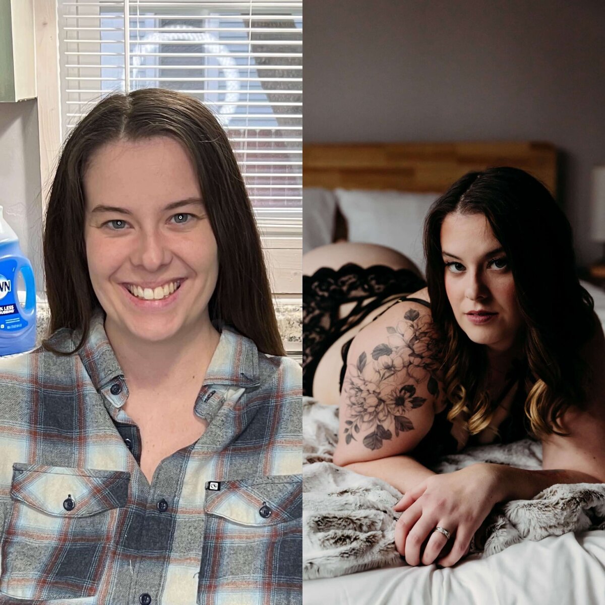 two images of a woman next to each other to show the before and after of professional makeup