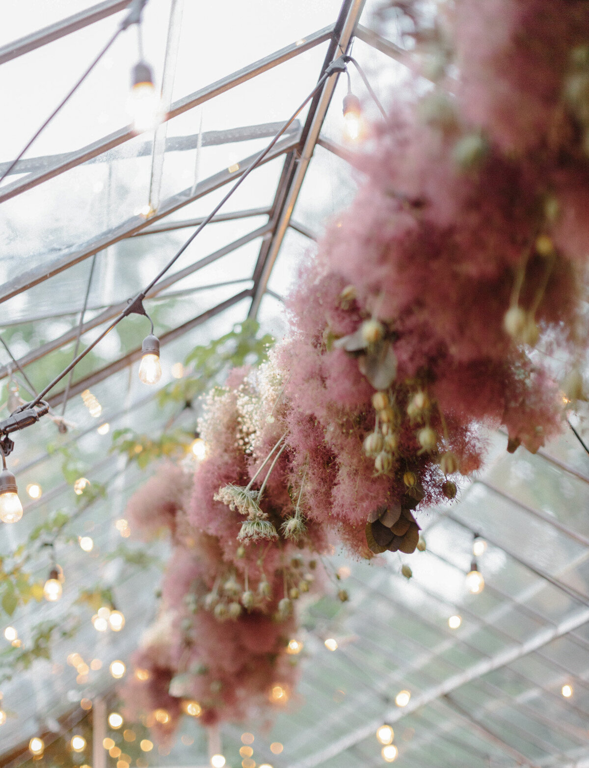 smokebush hanging flower installation in greenhouse, Glass House wedding in Michigan