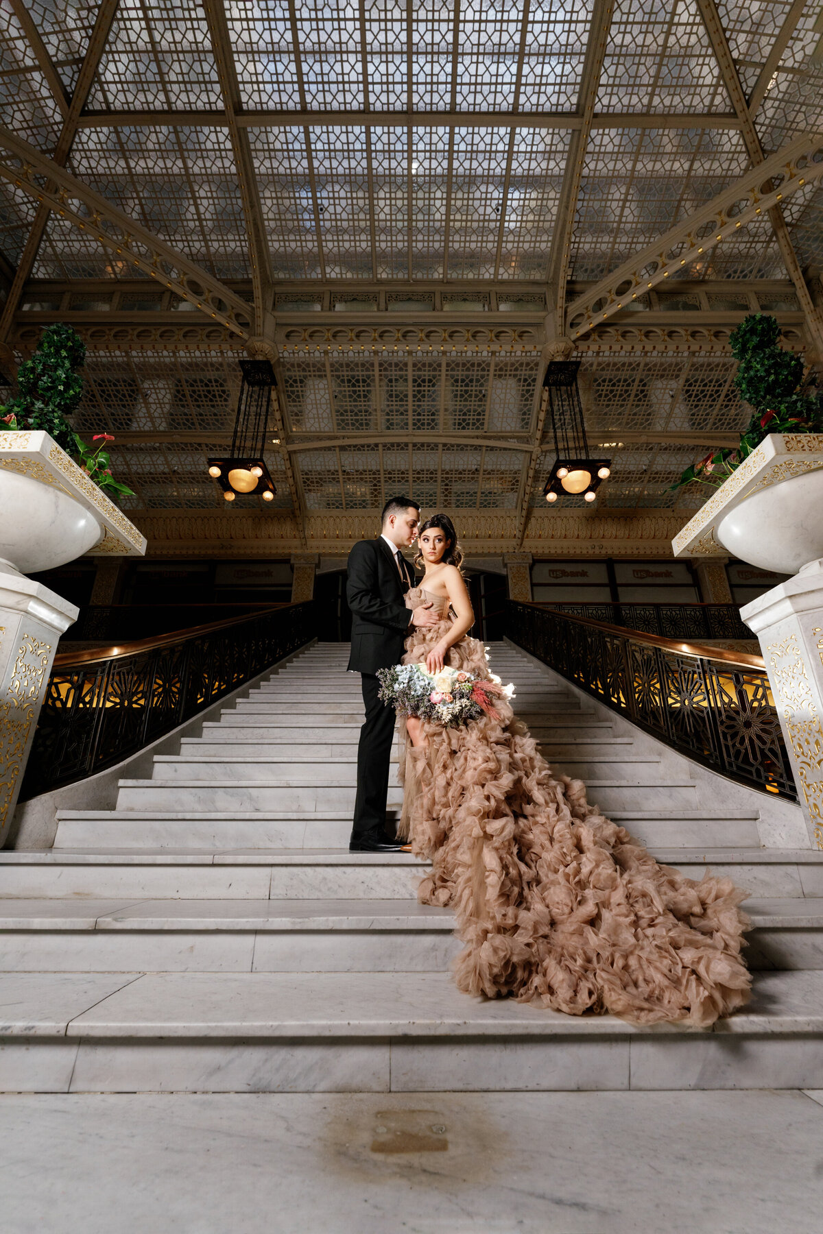 Aspen-Avenue-Chicago-Wedding-Photographer-Rookery-Engagement-Session-Histoircal-Stairs-Moody-Dramatic-Magazine-Unique-Gown-Stemming-From-Love-Emily-Rae-Bridal-Hair-FAV-45